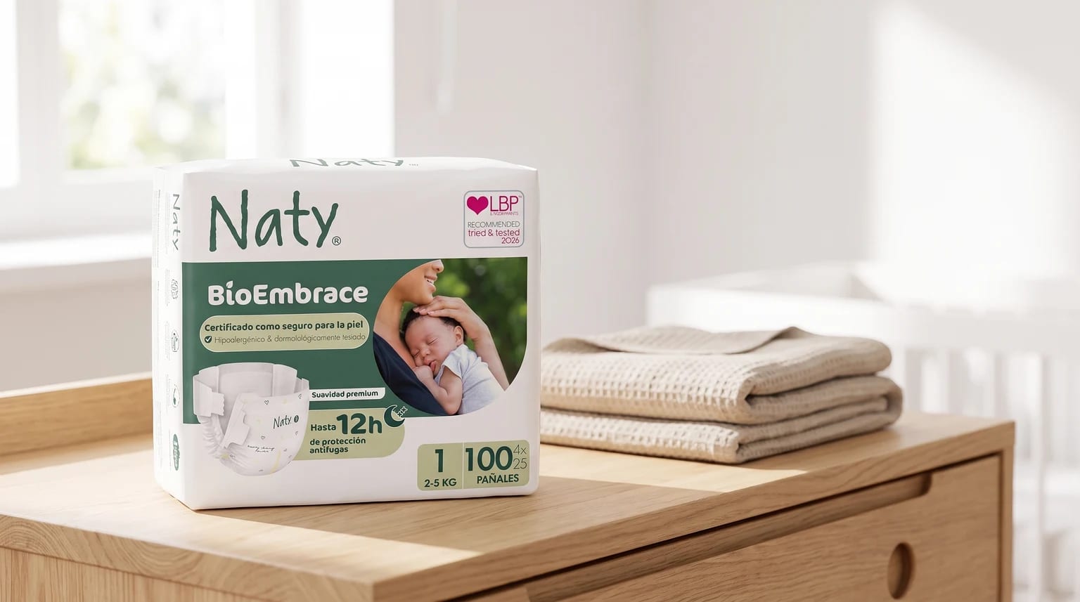Un paquete de pañales Naty BioEmbrace sobre un cambiador de madera, junto a una manta doblada en la habitación de un bebé.