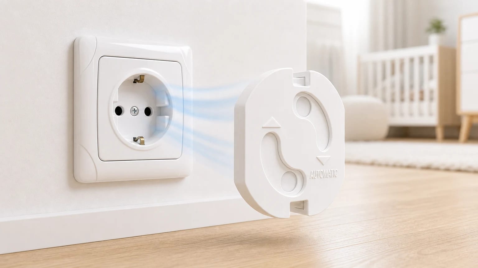 Un protector de enchufe blanco con mecanismo giratorio junto a una toma de corriente de pared, con una guía visual azul que indica cómo se instala.