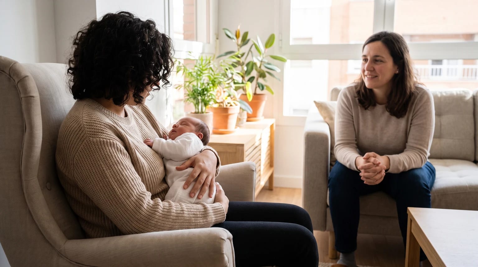 Una visita conversa a distancia mientras una madre sostiene a un recién nacido en el salón.