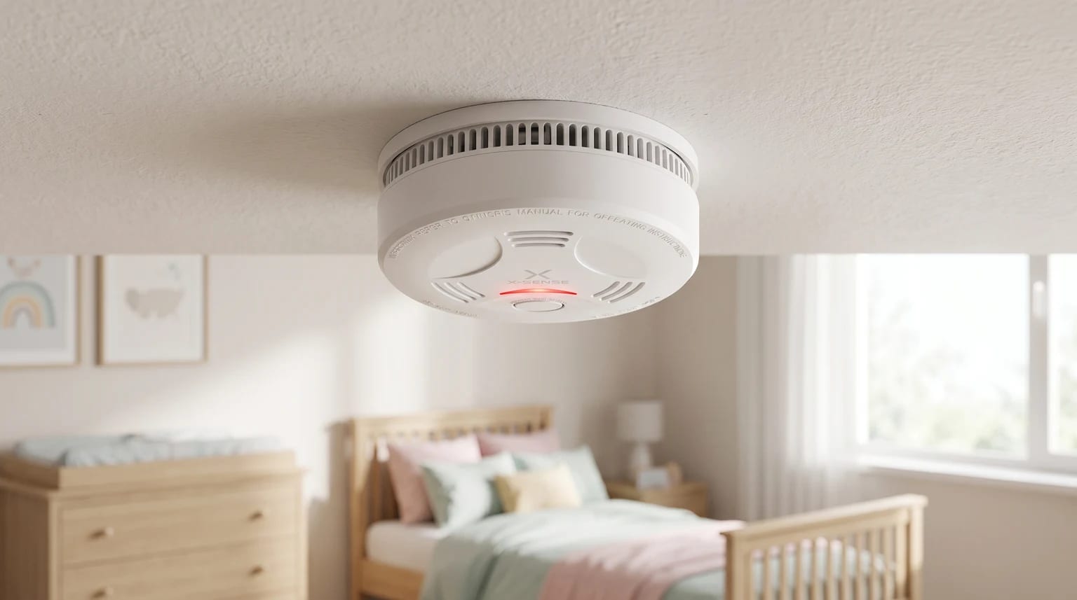 Un detector de humo X-Sense blanco instalado en el techo de un dormitorio infantil, con una luz roja encendida.