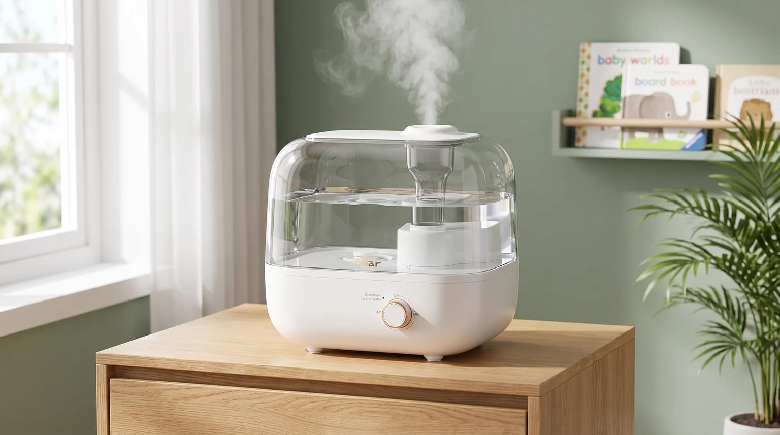 Un humidificador blanco con depósito de agua transparente emite vapor sobre una cómoda de madera en una habitación infantil.