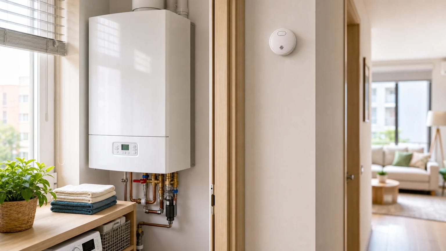 Caldera de gas y detector de monóxido de carbono en una vivienda.