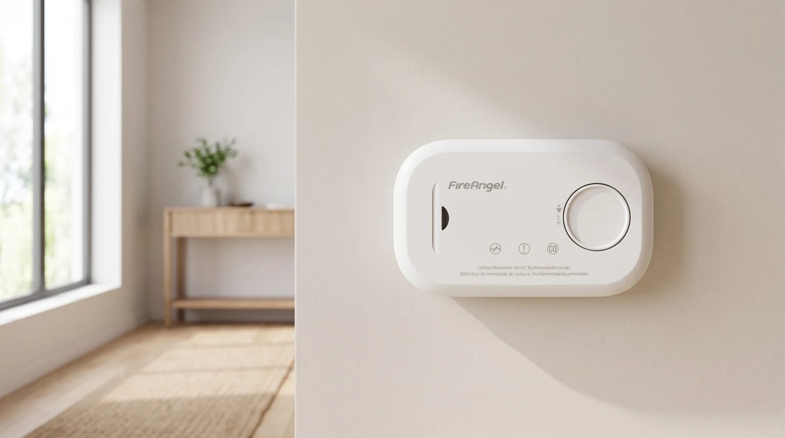 Un detector de monóxido de carbono blanco de FireAngel instalado en la pared de color crema de una habitación luminosa.