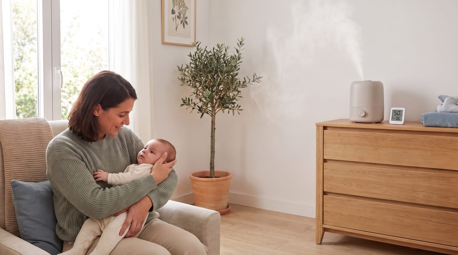 Una persona sostiene a un bebé despierto en una habitación luminosa, con un humidificador y un higrómetro sobre una cómoda.