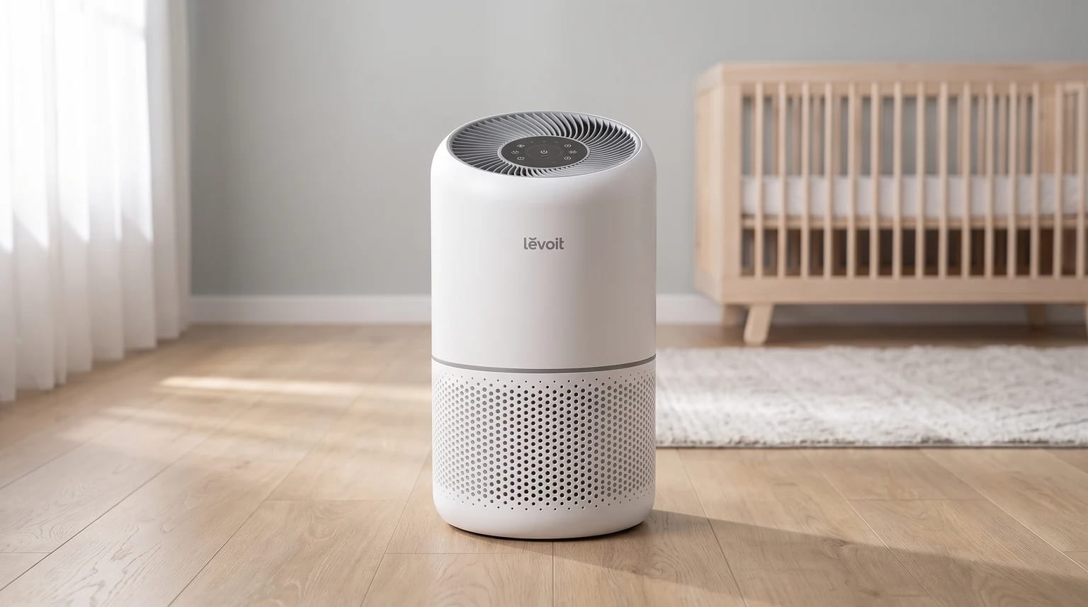 Purificador de aire Levoit blanco en el suelo de madera de la habitación de un bebé, con una cuna al fondo.