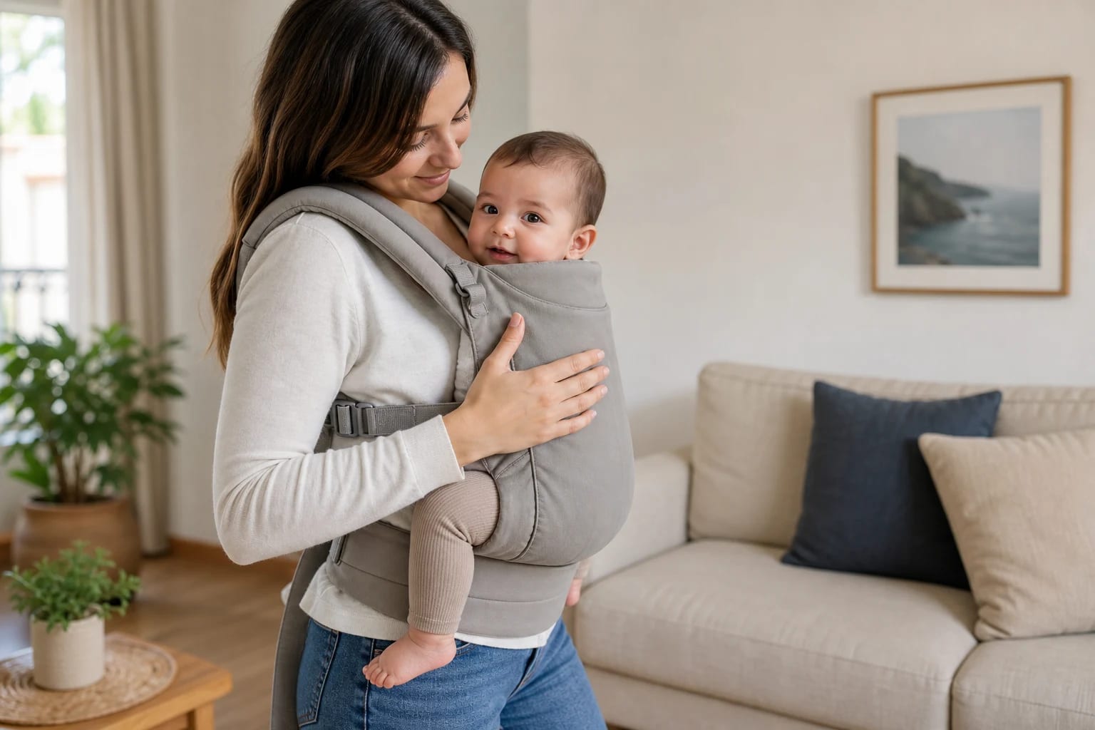 Bebé bien colocado en un portabebés, con la cara visible y el cuerpo sujeto junto al cuidador