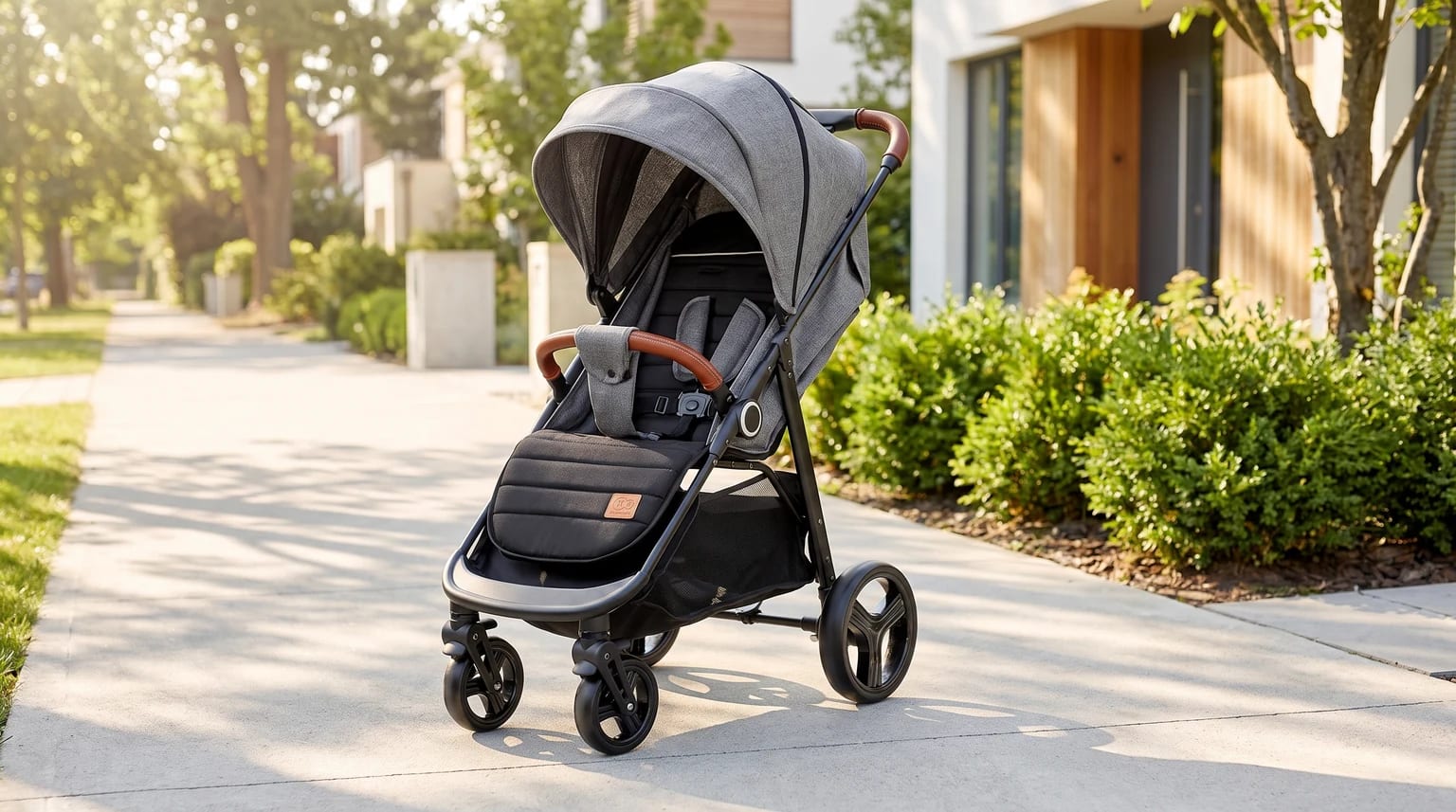 Silla de paseo Kinderkraft GRANDE PLUS gris y negra con detalles marrones, colocada en una acera residencial soleada.