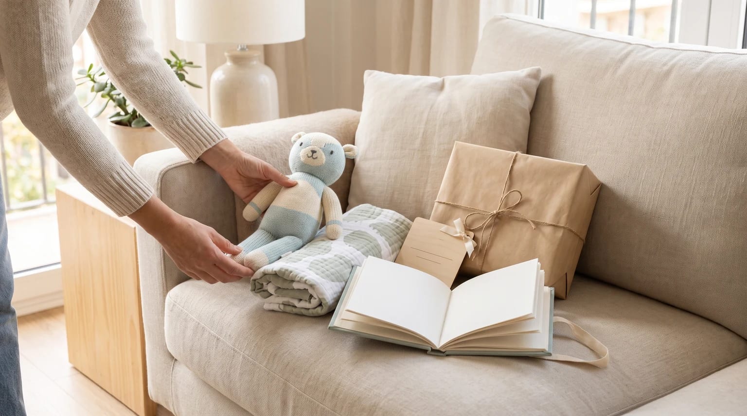 Una persona coloca un osito de peluche sobre un sofá beige junto a una manta, un libro abierto y un regalo envuelto en papel.