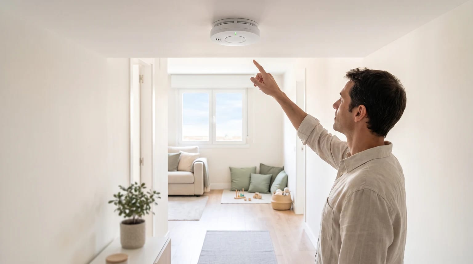 Un hombre de pie en un pasillo luminoso señala con el dedo un detector de humo blanco en el techo.