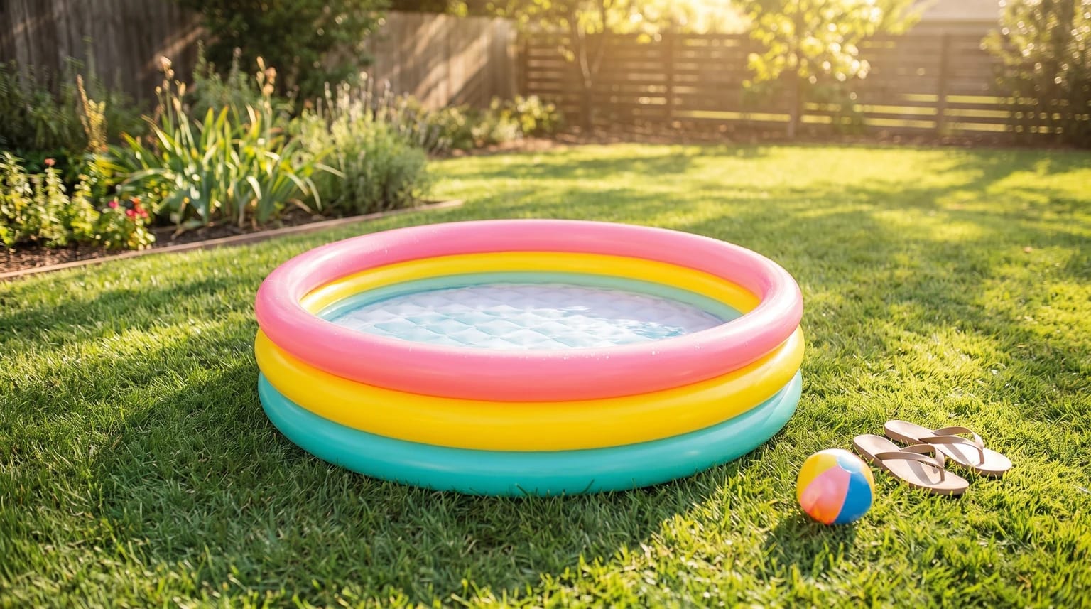 Una piscina hinchable infantil con aros de color rosa, amarillo y turquesa, sobre el césped de un jardín en un día soleado.