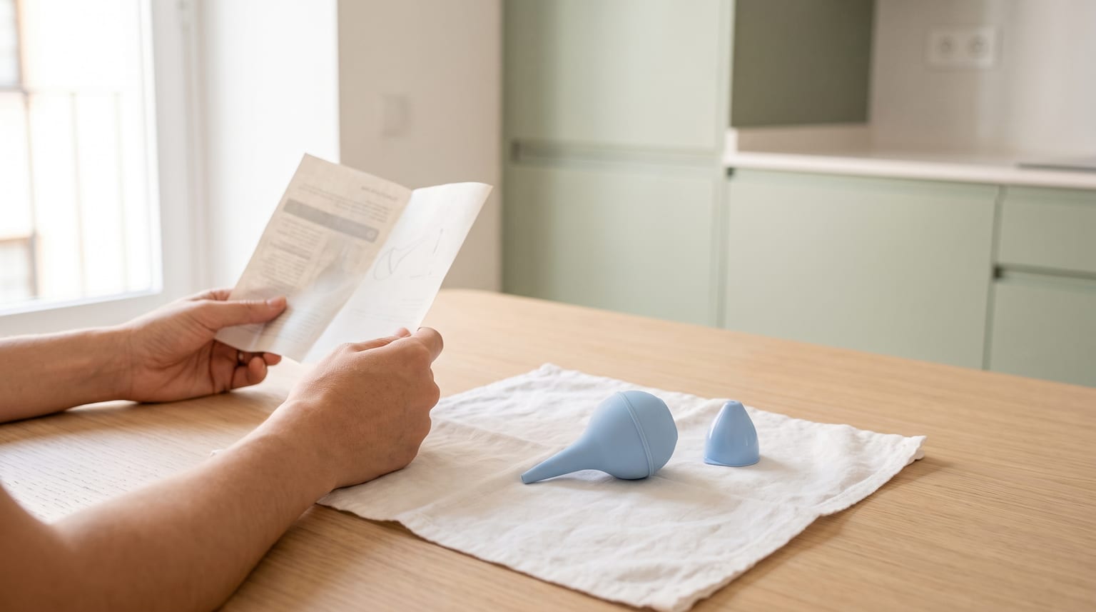 Manos de una persona que consulta las instrucciones de un aspirador nasal sin marca, con sus piezas limpias y secas sobre una mesa