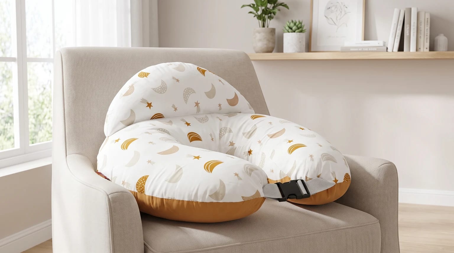 Cojín de lactancia momcozy con estampado de lunas y arcoíris, correa gris y hebilla negra sobre un sillón beige.