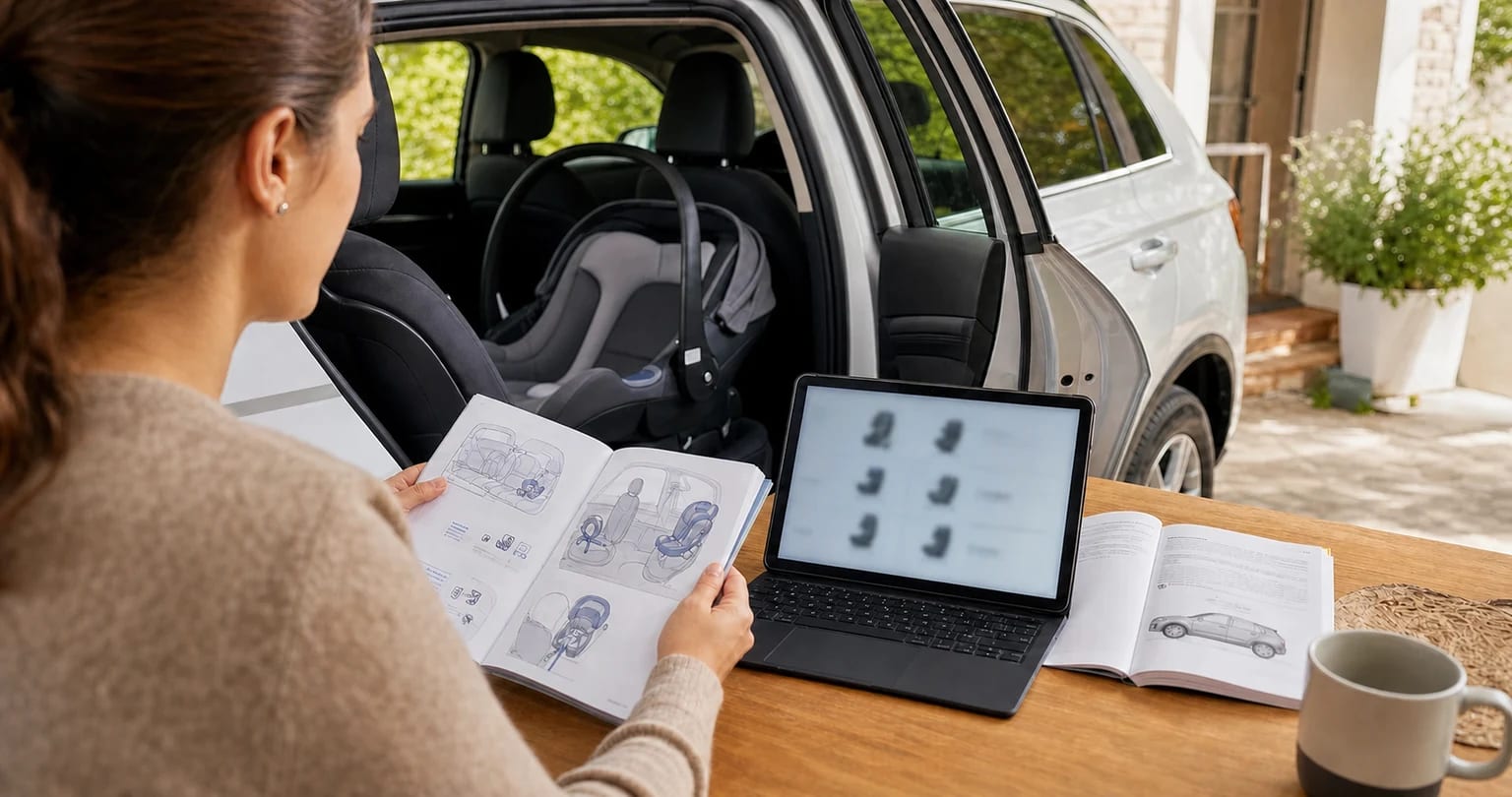 Adulto revisando manuales para comprobar la compatibilidad de una silla de coche para bebé instalada en el vehículo