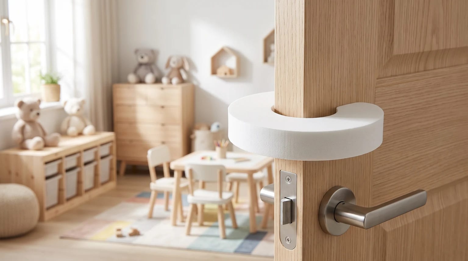 Un salvadedos de espuma blanca colocado en una puerta de madera, con un cuarto de juegos infantil luminoso y desenfocado al fondo.