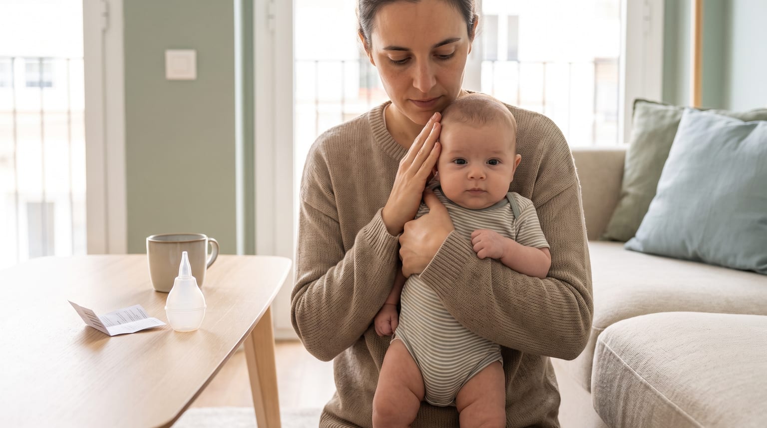 Cuidadora que sostiene a un bebé despierto y tranquilo, con un aspirador nasal sin usar sobre una mesa cercana