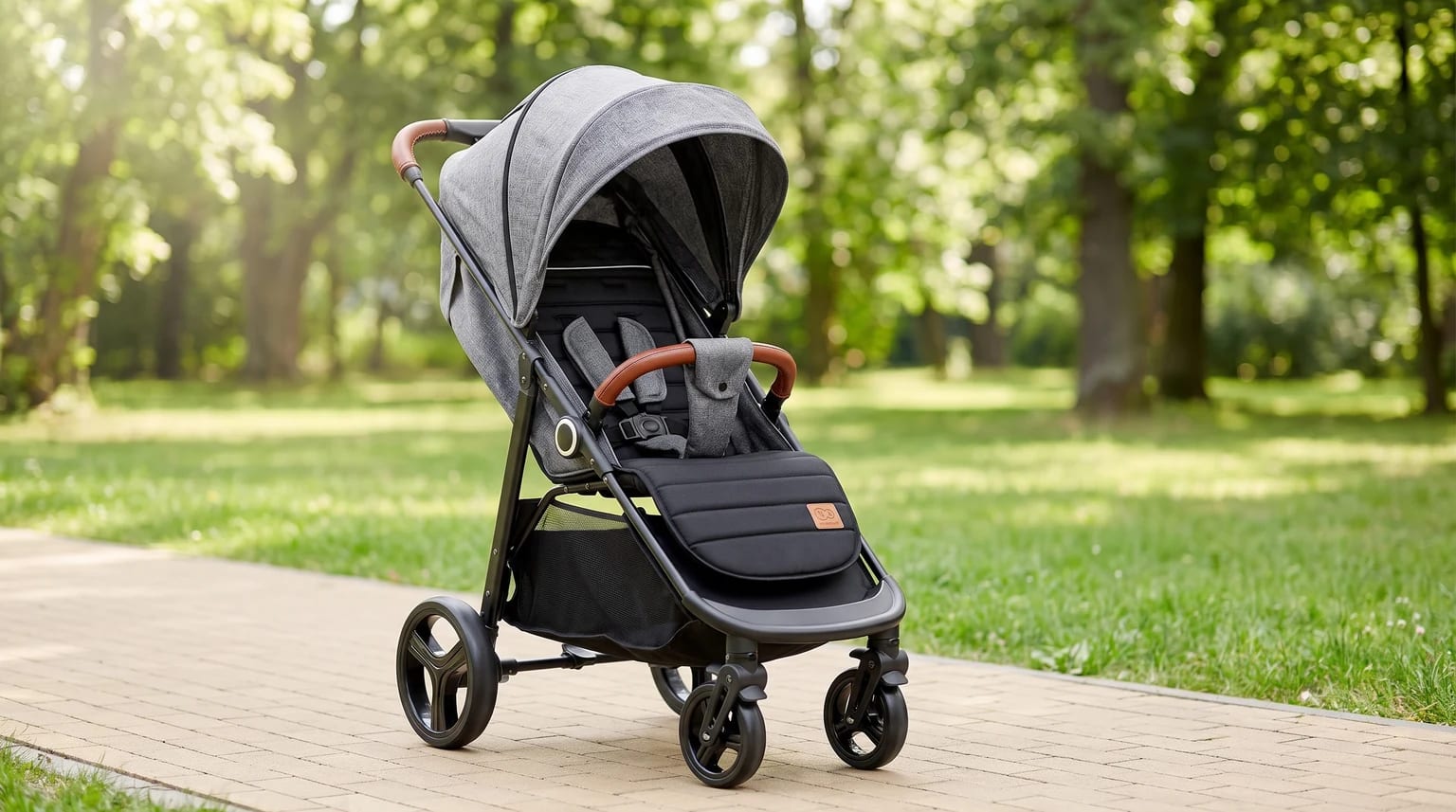 Silla de paseo gris y negra con manillar de cuero marrón, aparcada en un sendero de un parque soleado.