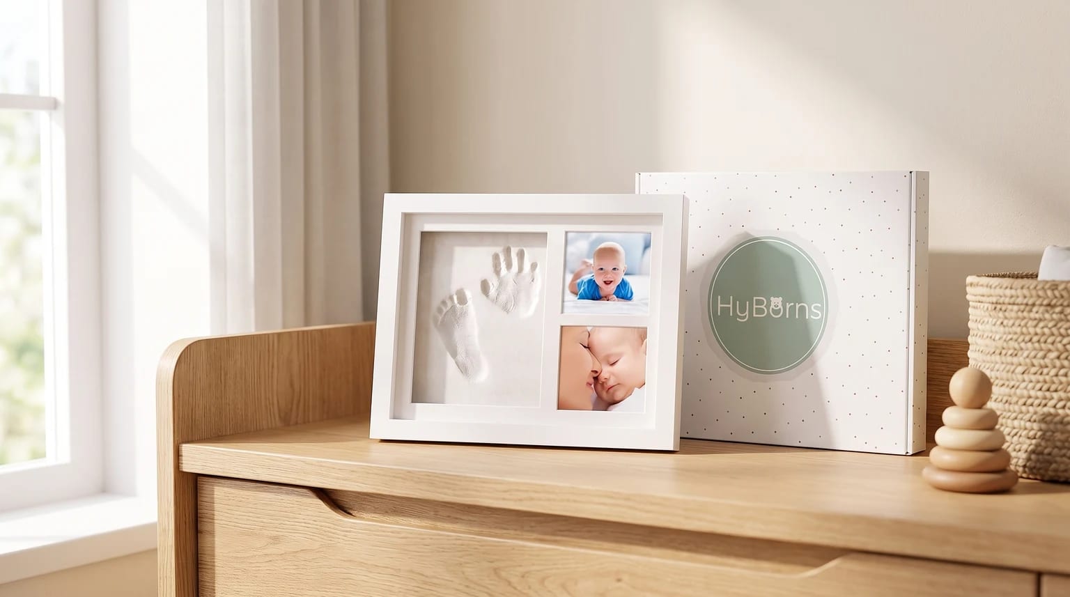 Marco de recuerdo blanco para bebé con huellas de mano y pie y dos fotos, sobre una cómoda de madera al lado de su caja.