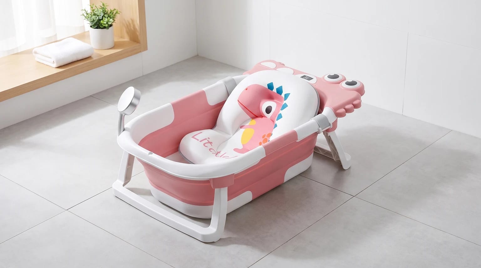 Bañera plegable para bebé rosa y blanca, montada en el suelo de un baño, con un cojín de apoyo con un simpático dinosaurio rosa.