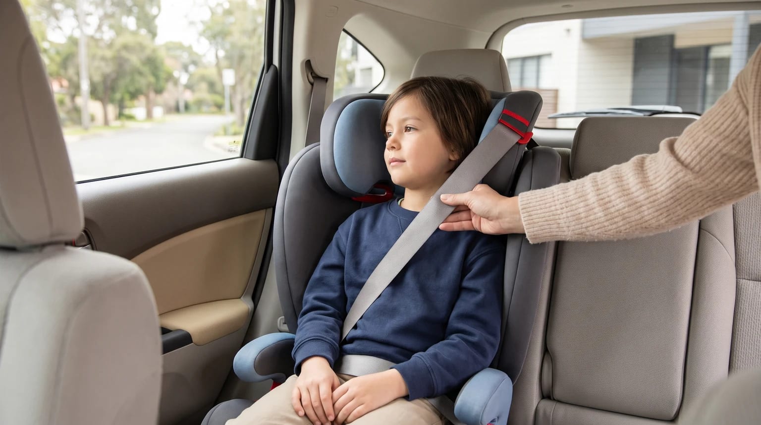Un niño sentado en su silla de coche mientras un adulto le ajusta el cinturón de seguridad sobre el hombro.