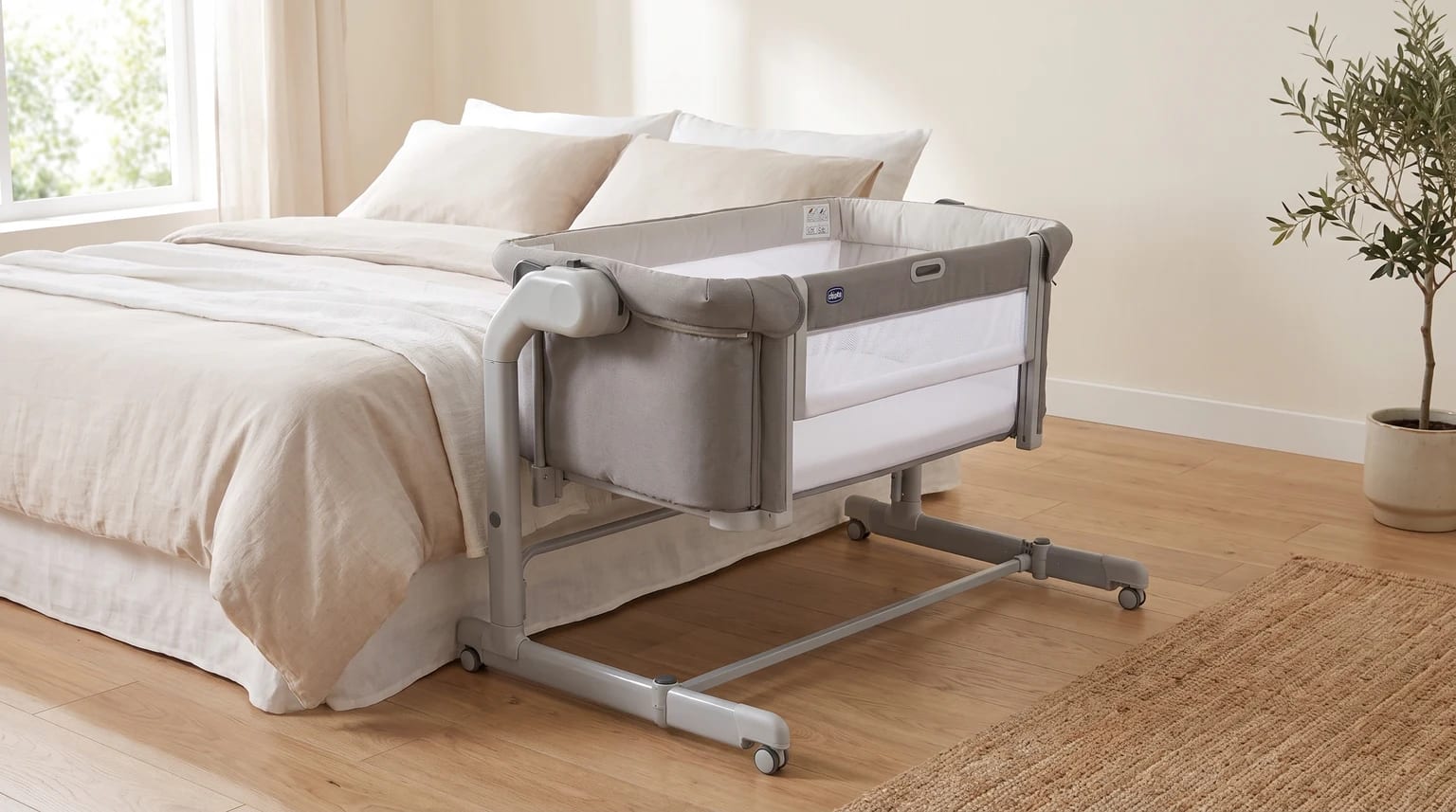 Una minicuna de colecho gris con ruedas, instalada al lado de una cama de matrimonio en un dormitorio de tonos claros.