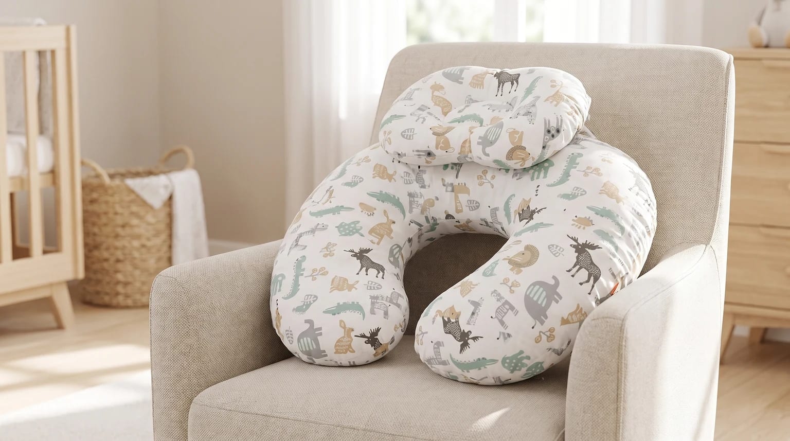 Un cojín de lactancia con estampado de animales del bosque descansa sobre un sillón de tela color crema en una habitación de bebé.