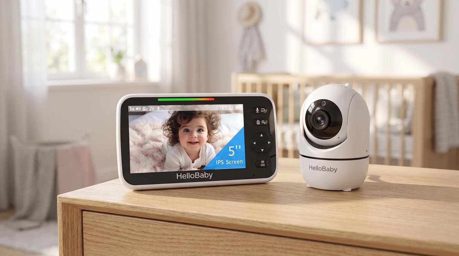 Vigilabebés HelloBaby, con su cámara y monitor, sobre un mueble de madera. La pantalla muestra la imagen nítida de un bebé sonriendo en la cuna.