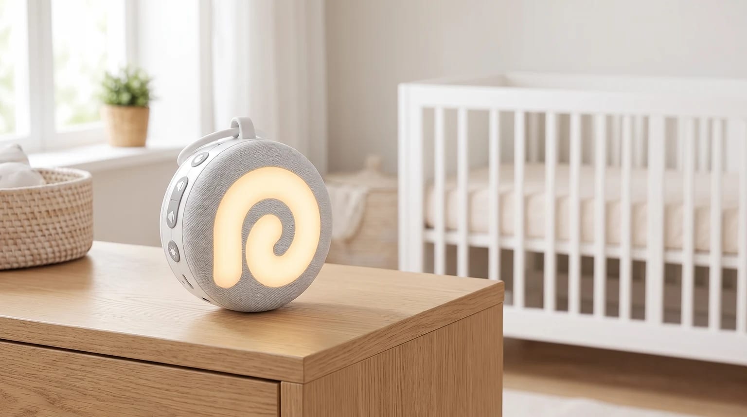Una máquina de ruido blanco con una luz cálida en espiral sobre una cómoda de madera, en la habitación de un bebé con una cuna al fondo.