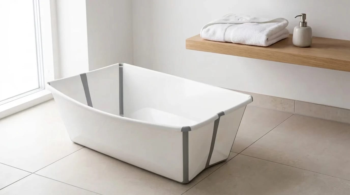 Bañera plegable para bebé de color blanco y gris, colocada en el suelo de un baño luminoso.