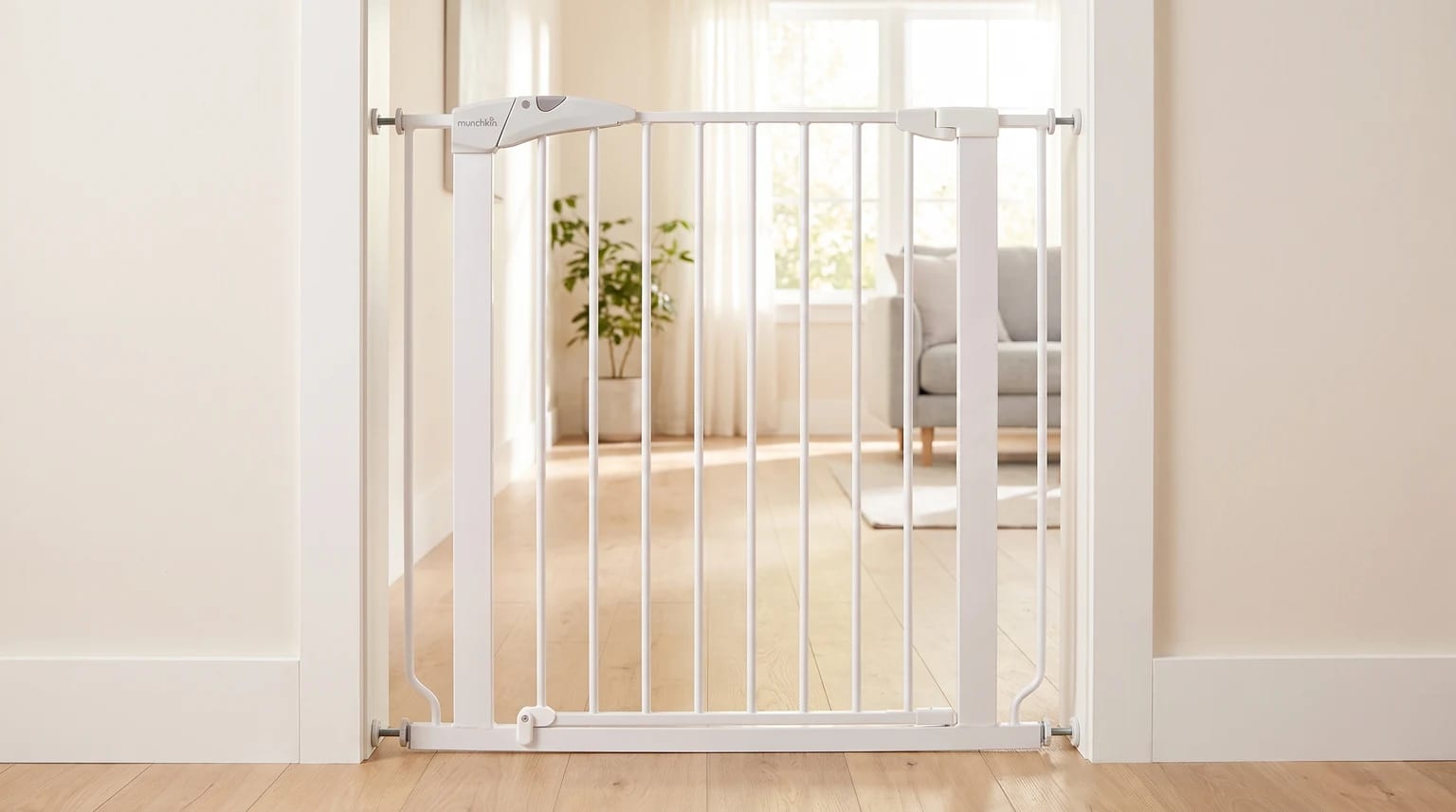 Una barrera de seguridad infantil de metal blanco instalada en el marco de una puerta que da a una sala de estar.