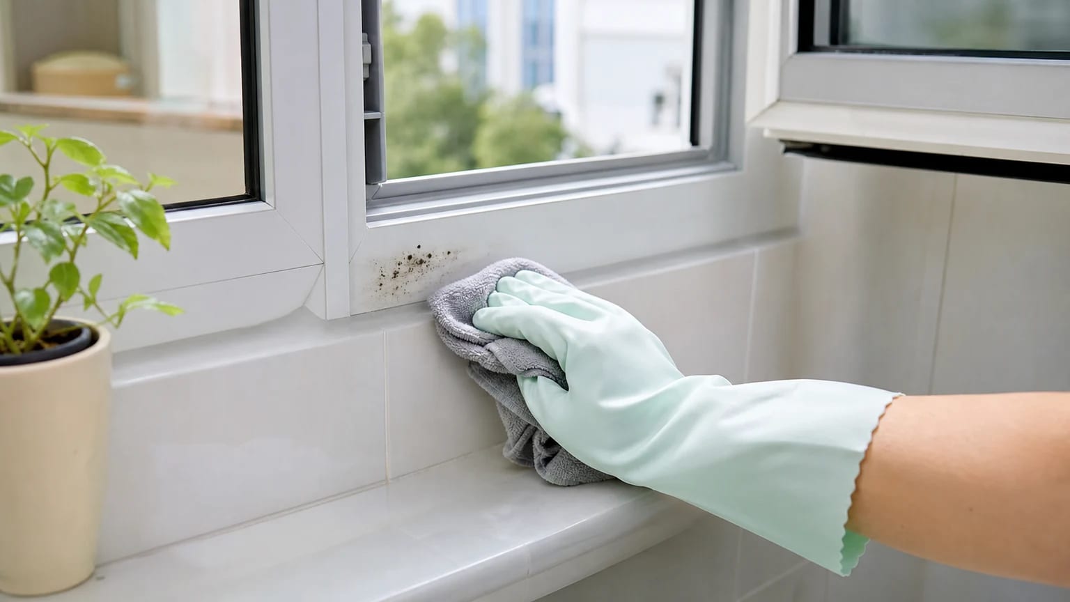 Adulto limpiando una pequeña zona de moho con guantes y la habitación ventilada