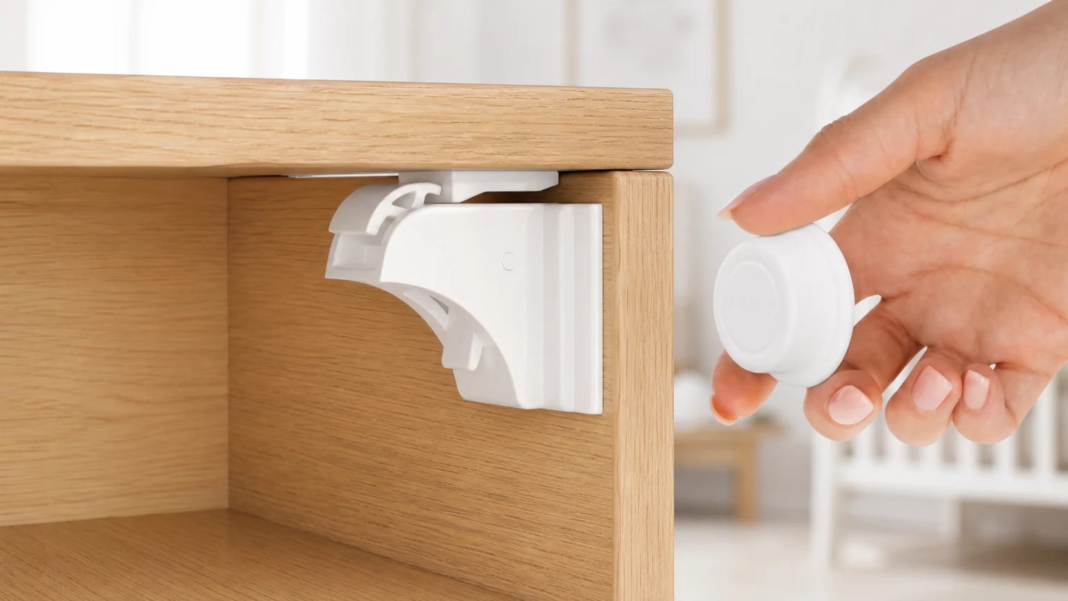 Un cierre magnético blanco instalado en un cajón de madera clara, con una mano adulta sosteniendo la llave magnética circular.