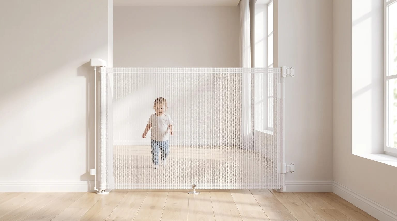 Un niño pequeño juega detrás de una barrera de seguridad retráctil de malla blanca instalada en un pasillo luminoso.