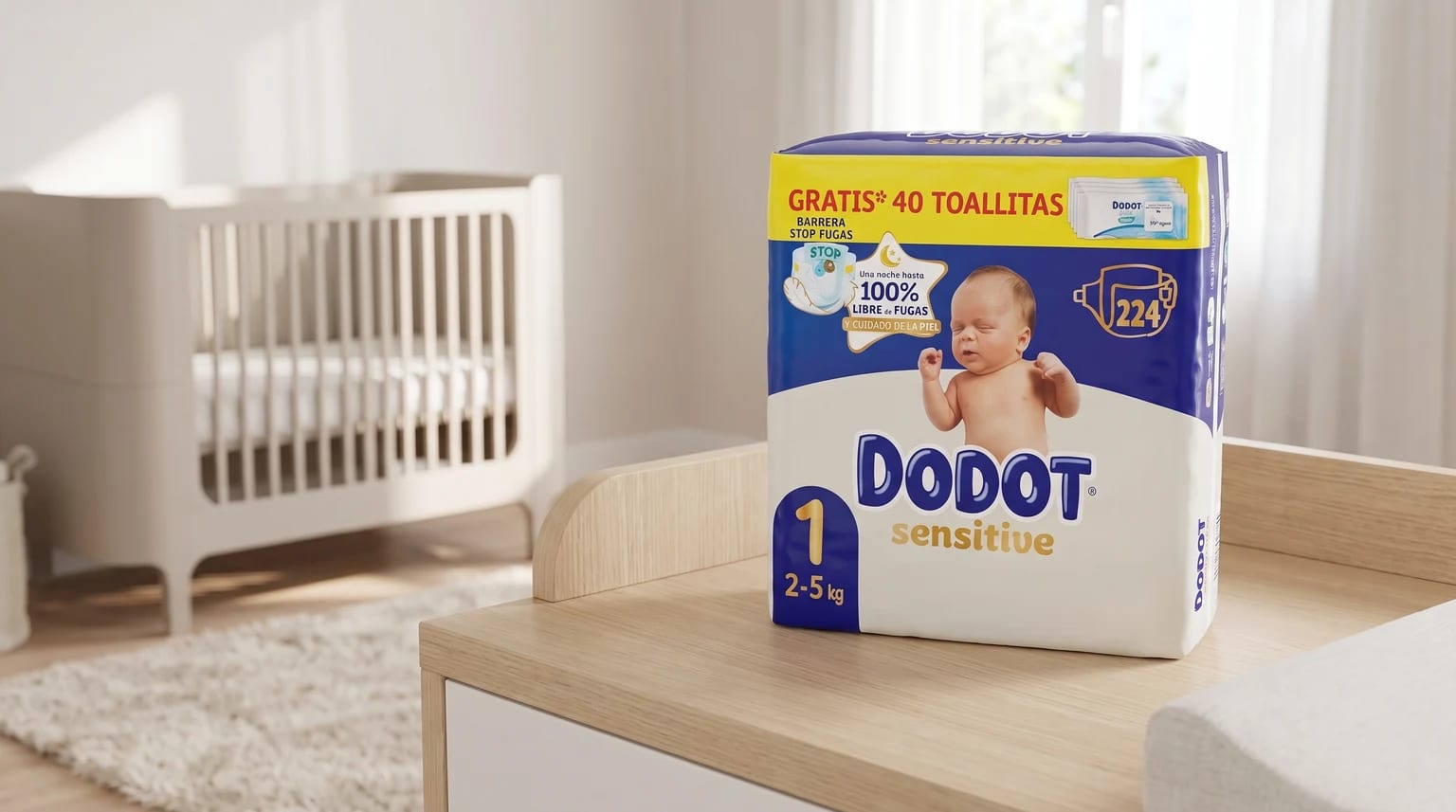 Paquete de pañales Dodot Sensitive sobre un cambiador de madera, con una cuna blanca desenfocada al fondo.