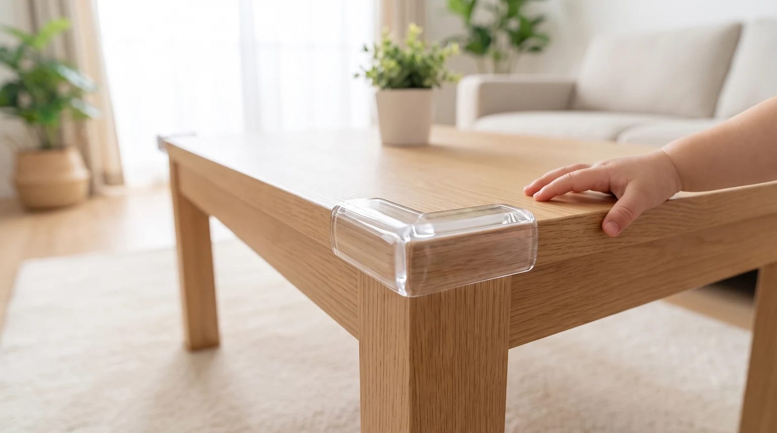 Un protector de esquina transparente instalado en una mesa de centro de madera. La mano de un bebé se apoya sobre la mesa.