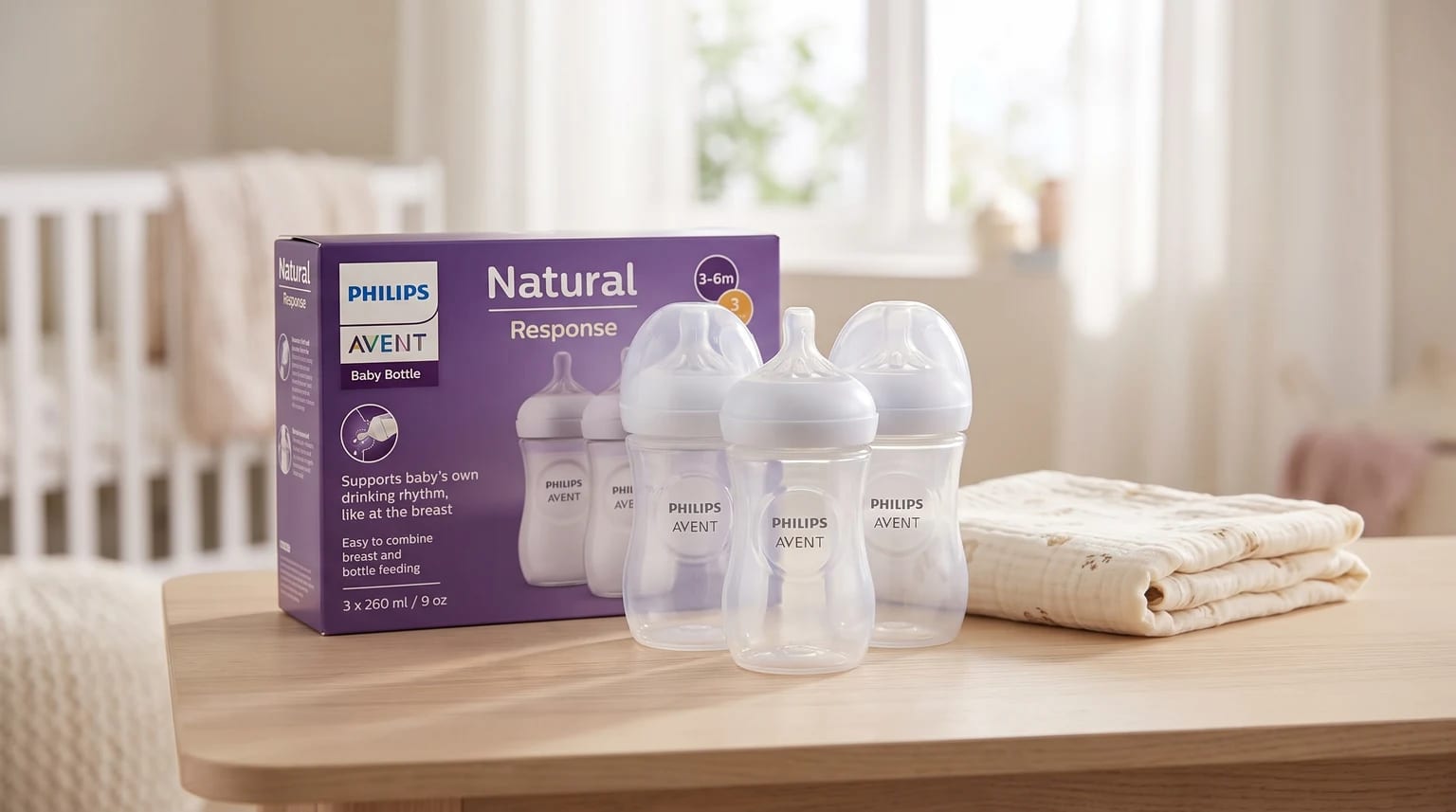 Tres biberones Philips Avent Natural Response y su caja morada sobre una mesa de madera en la habitación de un bebé.