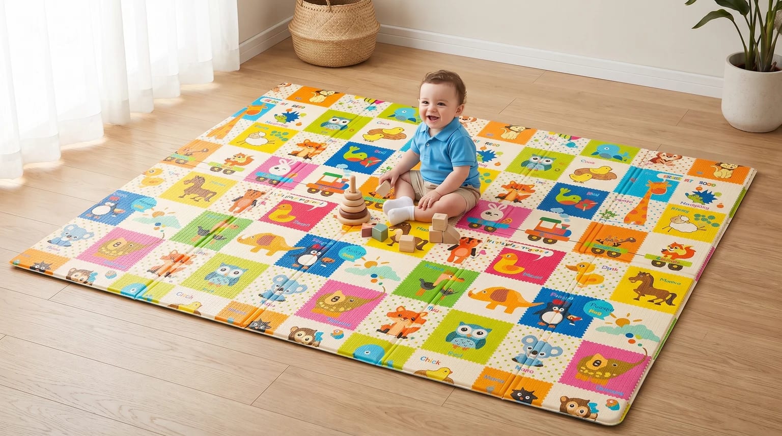 Un bebé sonriente sentado sobre una colorida alfombra de juegos acolchada con dibujos de animales, jugando con bloques de madera.