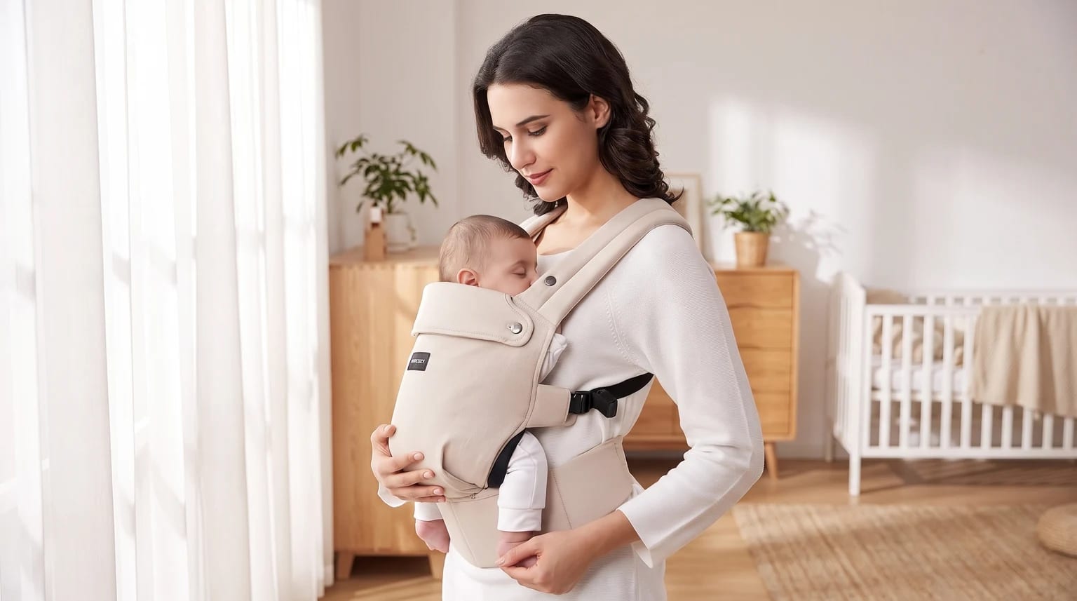 Una madre mira con ternura a su bebé dormido, que lleva cómodamente en una mochila portabebés de color beige dentro de una habitación luminosa.