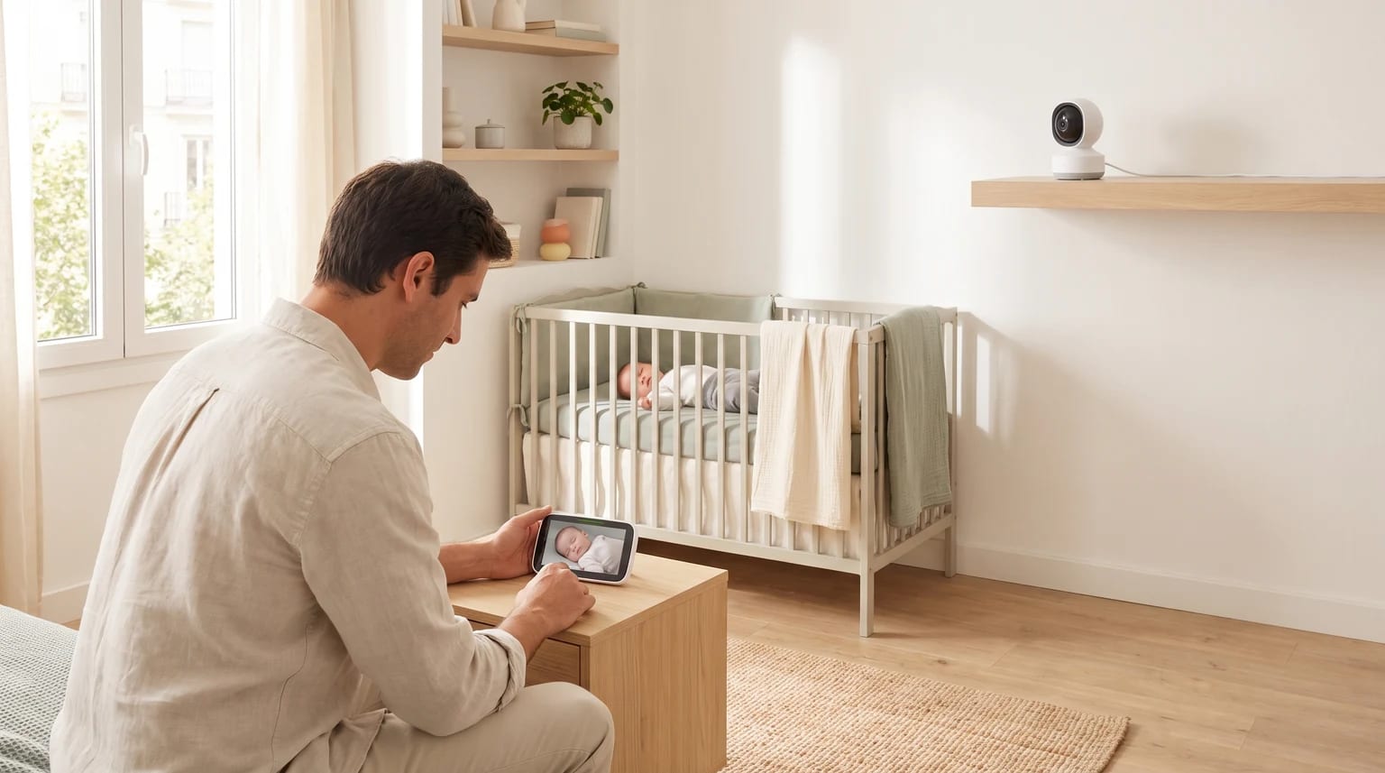 Un padre supervisa a su bebé en la cuna con la pantalla de un vigilabebés en una habitación luminosa.