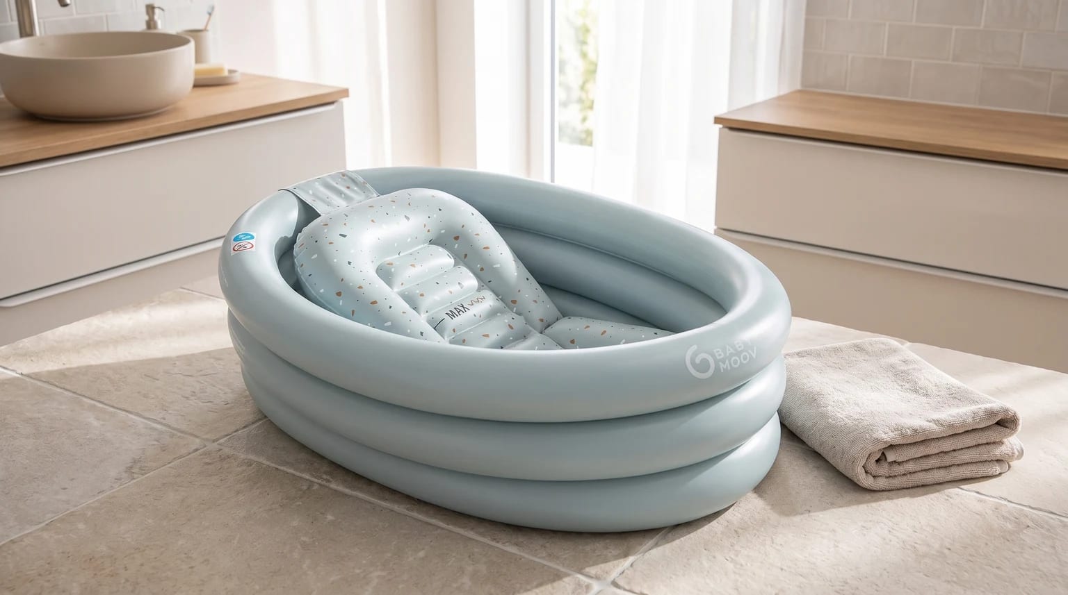Bañera hinchable evolutiva de color azul pálido, con un reductor estampado, en el suelo de un baño.