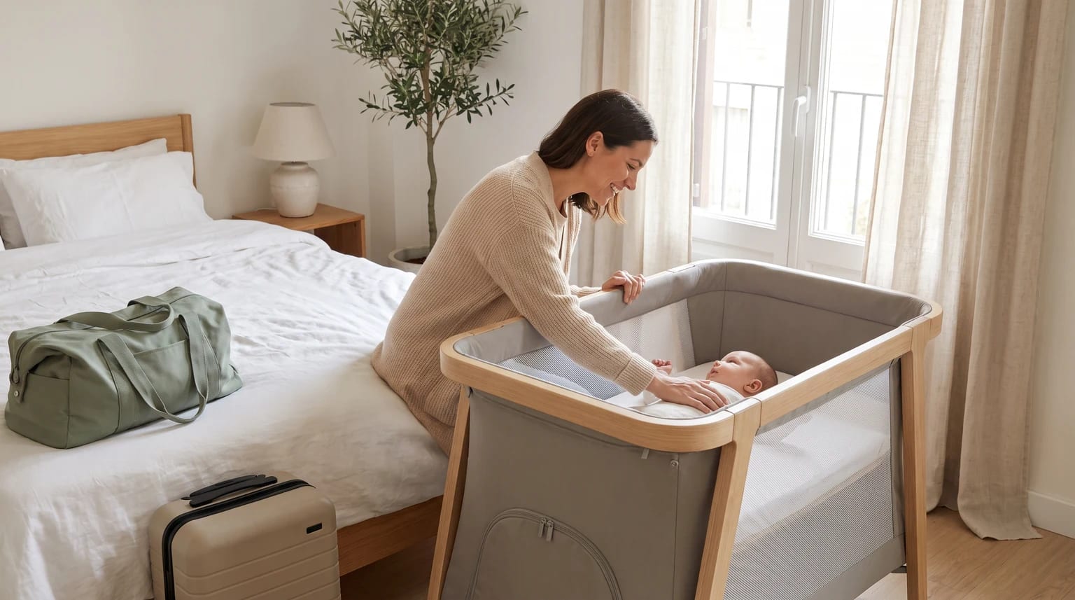 Una madre sonríe y toca con suavidad a su bebé, que descansa en una cuna de viaje junto a la cama en un dormitorio luminoso.