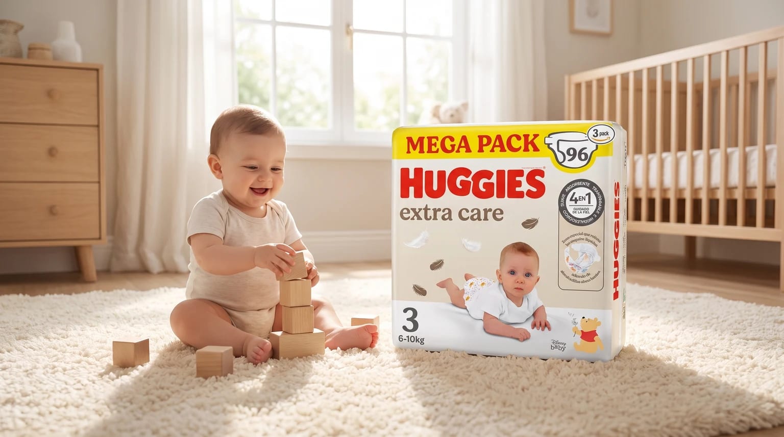 Un bebé sonriente juega con bloques de madera en una alfombra suave, junto a un paquete grande de pañales Huggies Extra Care.