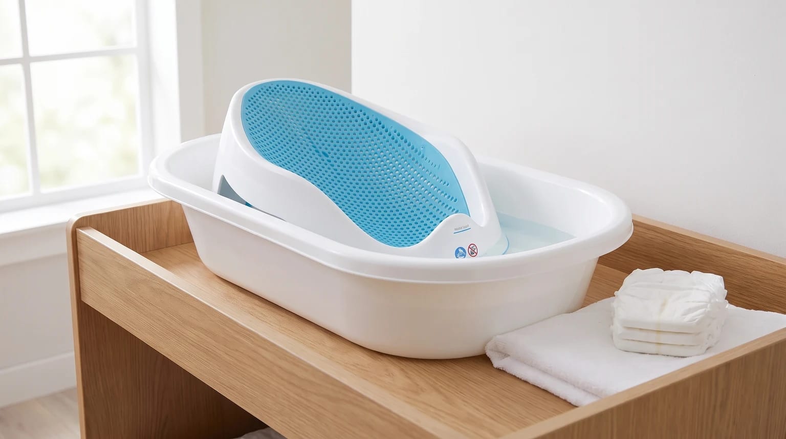 Soporte de baño Angelcare azul dentro de una bañera blanca colocada sobre un cambiador de madera.