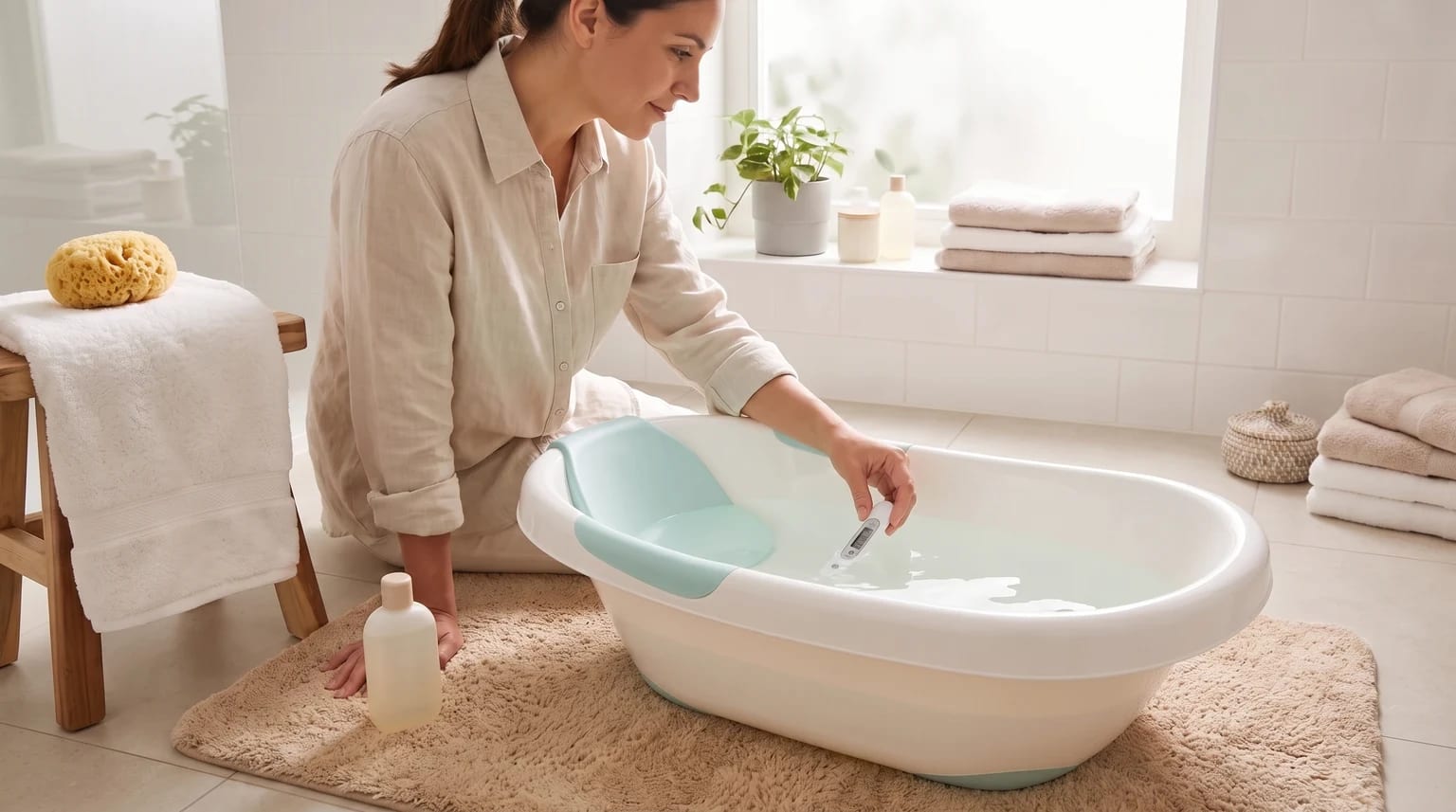 Una mujer arrodillada en un baño comprueba la temperatura del agua de una bañera para bebés con un termómetro.
