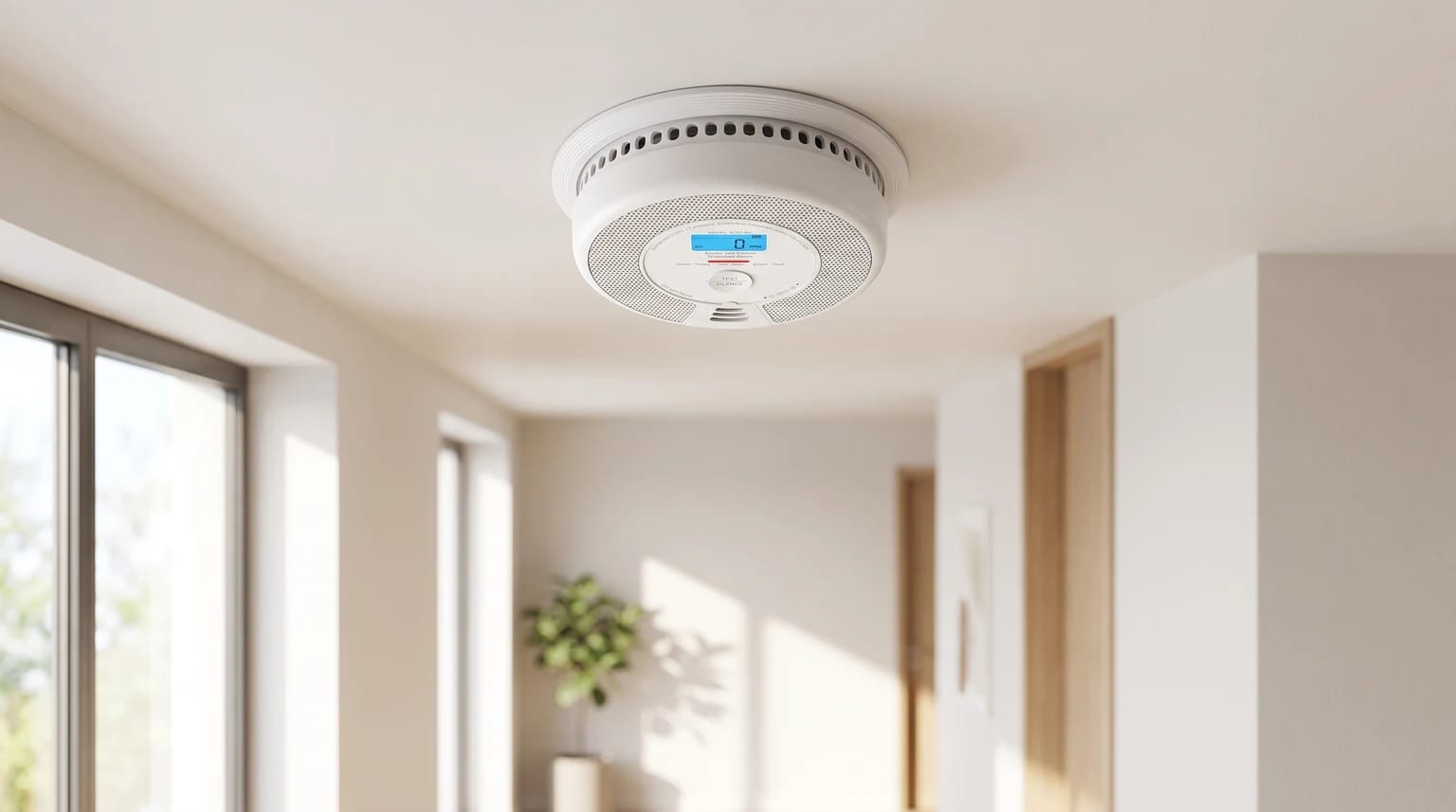 Un detector de humo y monóxido de carbono con pantalla digital, instalado en el techo de un pasillo luminoso.
