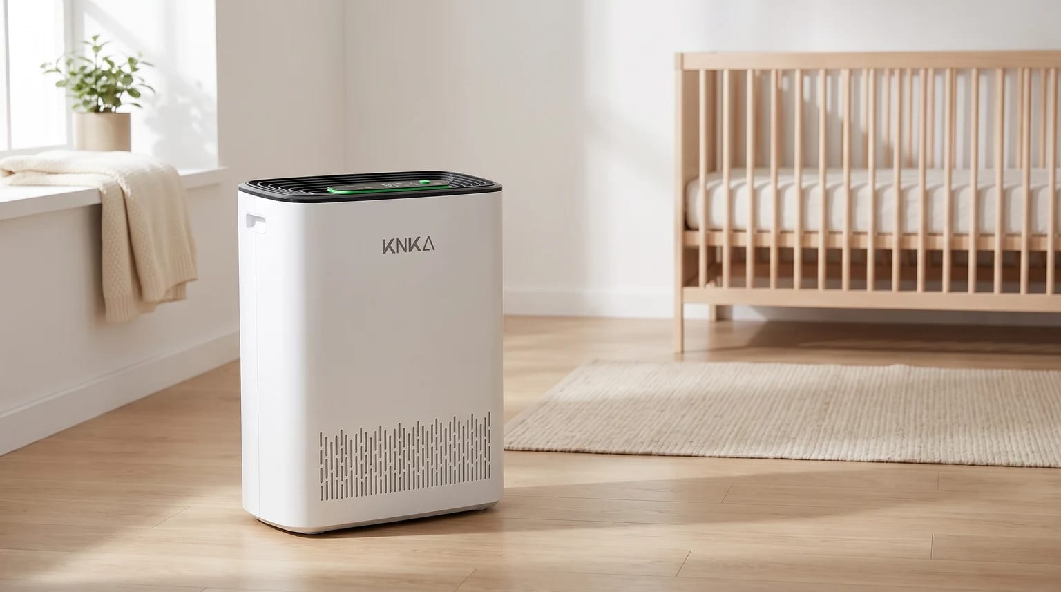 Purificador de aire blanco KNKA en el suelo de madera de una habitación de bebé, con una cuna al fondo.