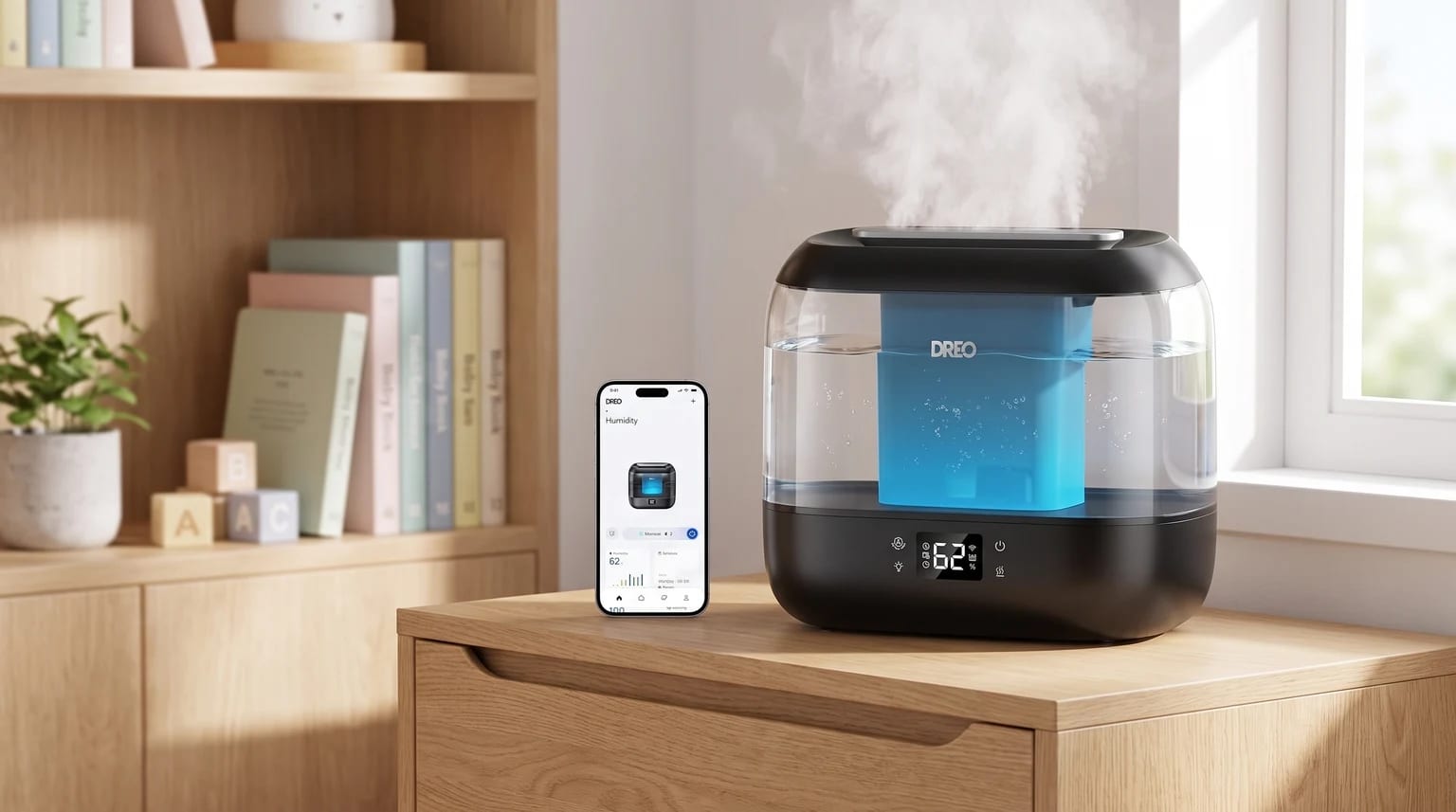Un humidificador inteligente Dreo expulsa vapor frío sobre una cómoda de madera en una habitación. A su lado, un smartphone muestra la app de control.