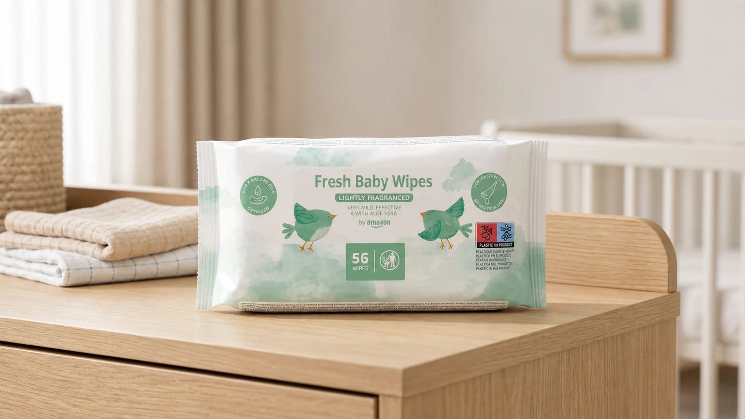 Un paquete de toallitas para bebé Fresh Baby Wipes sobre un cambiador de madera en una habitación infantil luminosa.