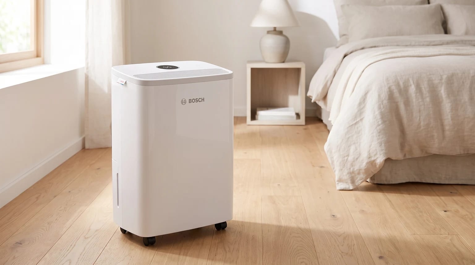 Deshumidificador blanco de Bosch sobre el suelo de madera de un dormitorio luminoso con ropa de cama en tonos neutros.