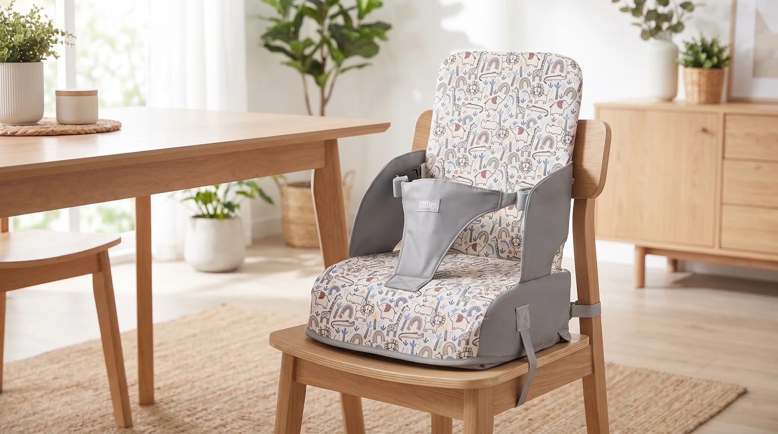 Un asiento elevador portátil con estampado de animales y arcoíris, asegurado a una silla de madera en un comedor.