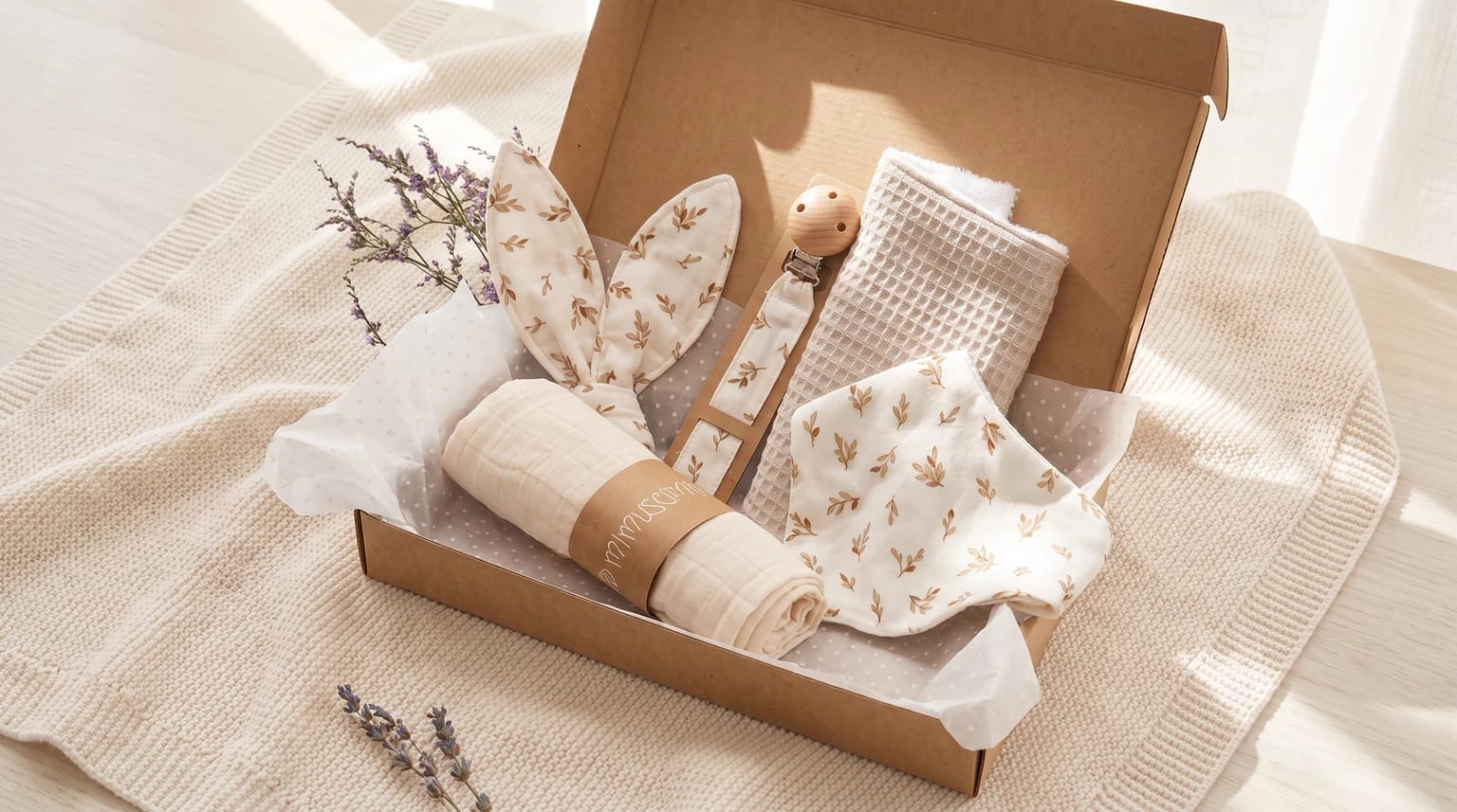 Una caja de regalo para recién nacido con varios artículos a juego: una muselina, un babero con estampado de hojas, un chupetero y un mordedor de tela.